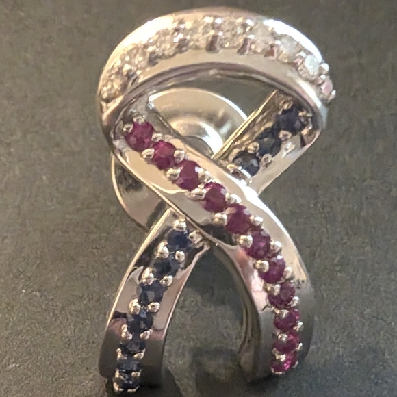 Vibtage 14k White Gold Ruby, Diamond, and Sapphire Patriotic Ribbon Pin - Picture 7 of 10